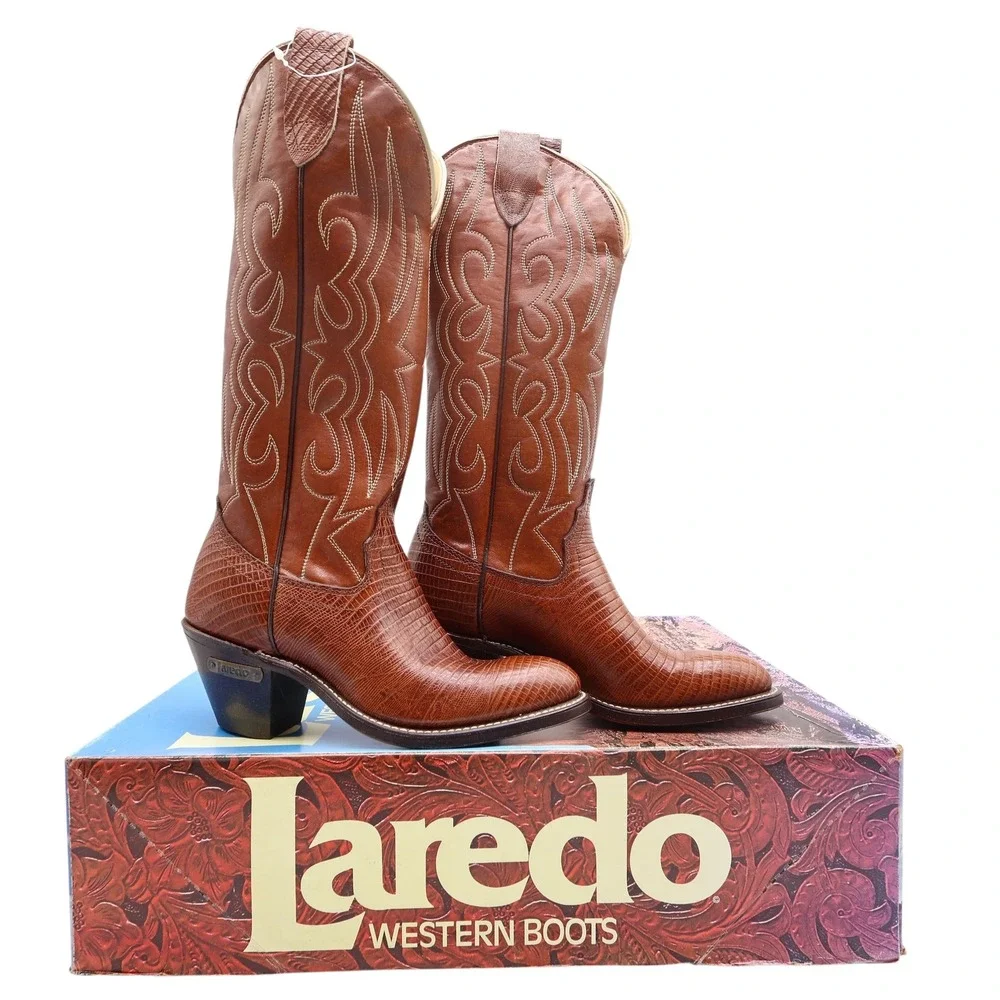 Laredo Vintage 90s Western Boots Womens 5 B Brown Leather Lizard Print Deadstock
